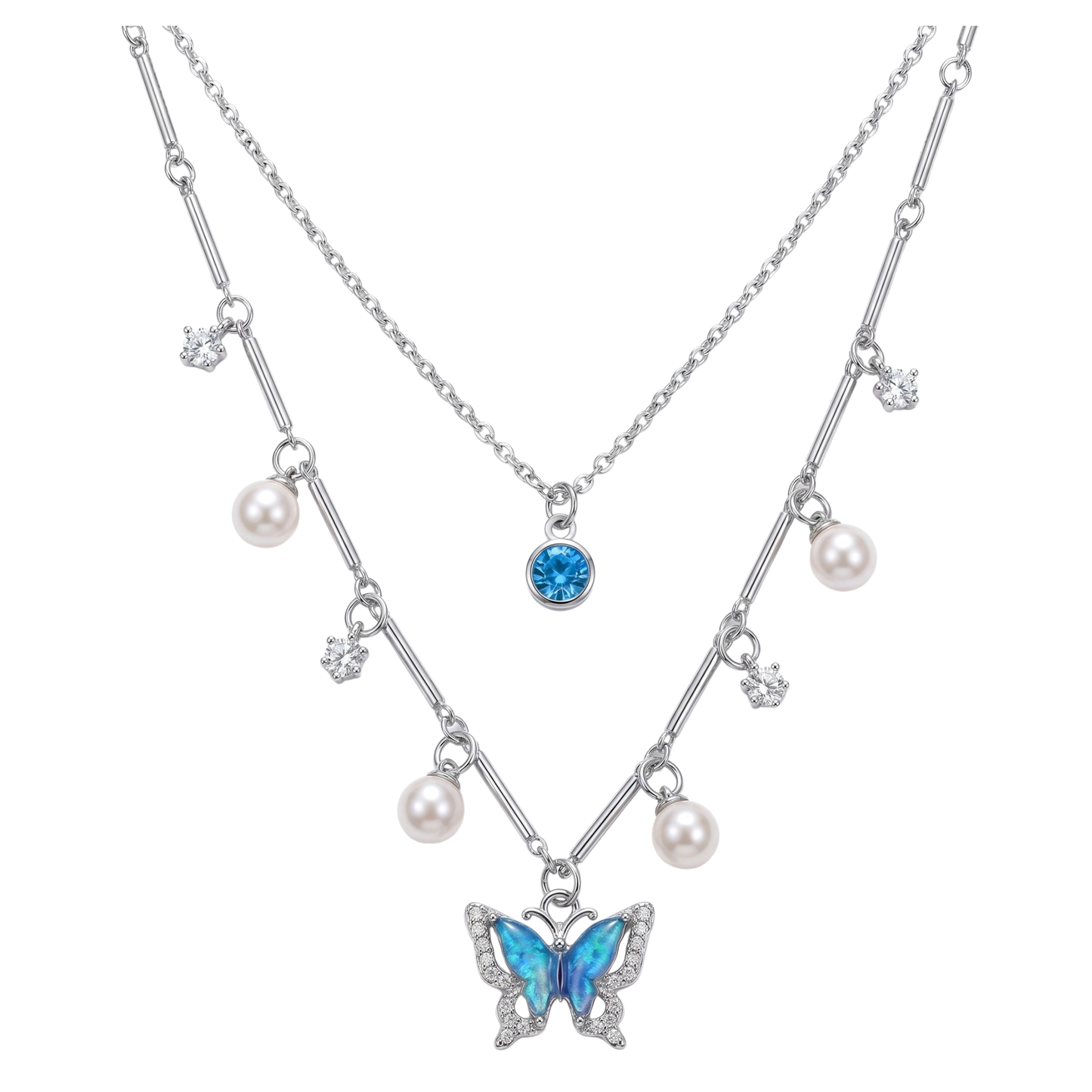 001 Collar Mariposa para Mujer en Plata 🦋✨ | Cadena Cubana con Rhinestones Resistente al Agua