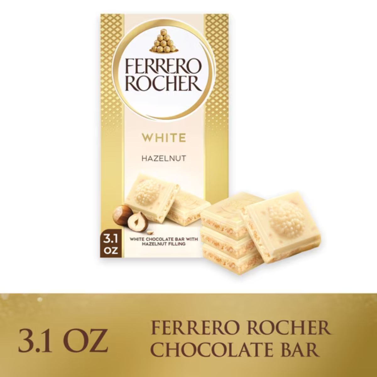 Ferrero Rocher Barra de Chocolate Blanco con Relleno de Avellana, 3.1 oz